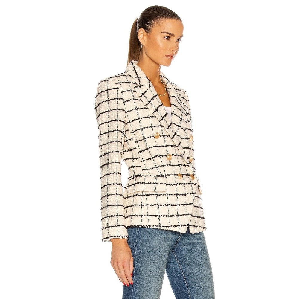 NWT L'AGENCE Kenzie White Check Boucle Tweed Double Breasted Blazer - Picture 3 of 13
